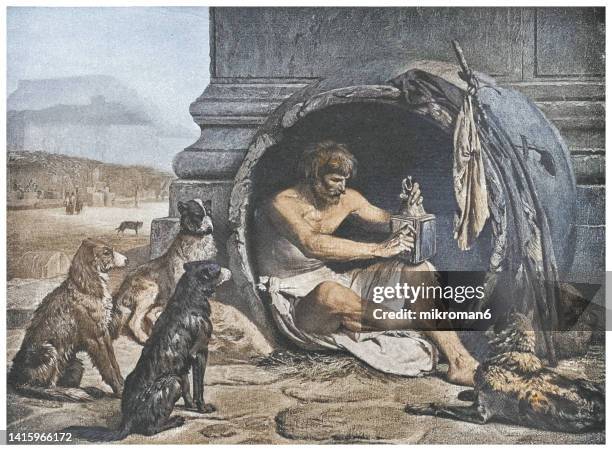 old engraved illustration of diogenes of sinope sitting in his tub - diogenes of sinope stock-fotos und bilder