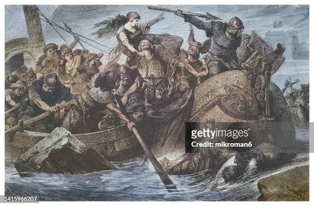 old engraved illustration of olaf tryggvason, king of norway from 995 to 1000 - a norse raid - decades stock pictures, royalty-free photos & images