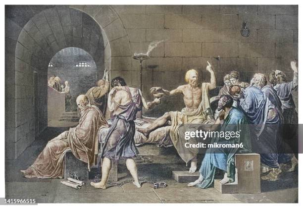 old engraved illustration of death of socrates, socrates drinking the hemlock - philosopher stock pictures, royalty-free photos & images