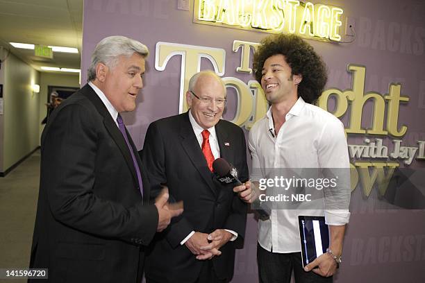 Episode 4101 -- Pictured: Host Jay Leno, former Vice-President Dick Cheney talk with Brian Branley backstage on September 2, 2011 -- Photo by: Paul...