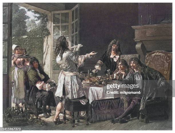 old engraved illustration of a dinner at the house of molière at auteuil, french playwright moliere at a dinner party among friends - renaissance and schets stockfoto's en -beelden