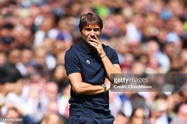 Antonio Conte, Manager of Tottenham Hotspur, looks on during the Premier League match between Tottenham Hotspur and Wolverhampton Wanderers at...