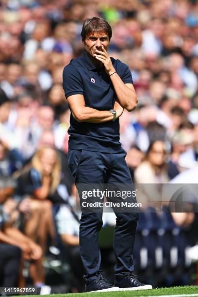 Antonio Conte, Manager of Tottenham Hotspur, looks on during the Premier League match between Tottenham Hotspur and Wolverhampton Wanderers at...