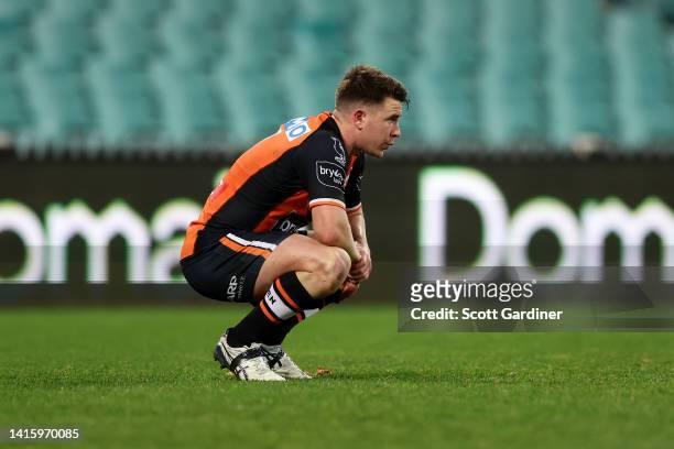 Jock Madden of the Tigers post game during the round 23 NRL match between the Sydney Roosters and the Wests Tigers at Sydney Cricket Ground, on...