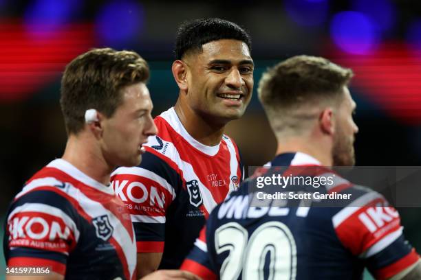 Daniel Tupou of the Roosters celebrates a try during the round 23 NRL match between the Sydney Roosters and the Wests Tigers at Sydney Cricket...