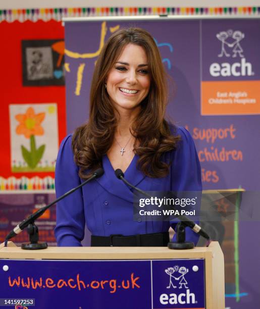 Catherine, Duchess of Cambridge makes a speech during a visit to open The Treehouse Children's Hospice on March 19, 2012 in Ipswich, England.