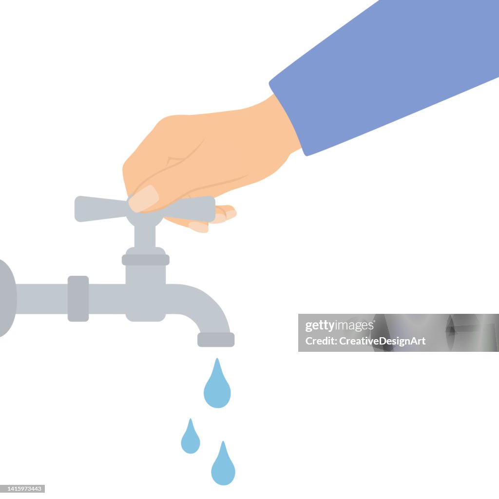 Save Water Concept With Hand Closing The Faucet. Caring For Environment And Protect Natural Resources