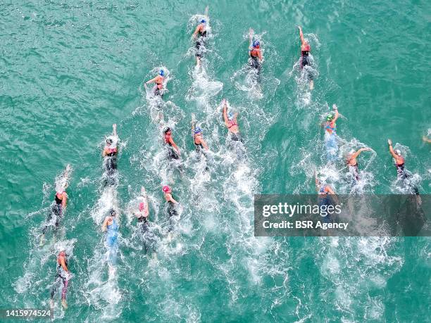 In this aerial view, a general overview of competition during the Womens 5km Open Water at the European Aquatics Roma 2022 on August 20, 2022 in Lido...