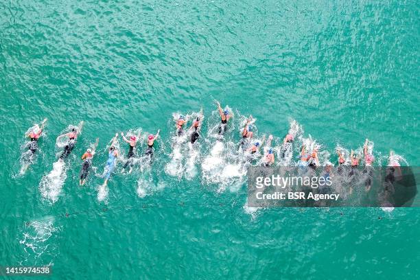 In this aerial view, a general overview of competition during the Womens 5km Open Water at the European Aquatics Roma 2022 on August 20, 2022 in Lido...