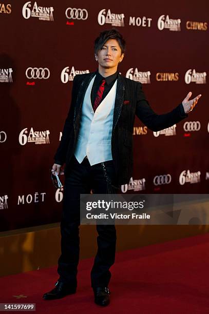 Japanese singer and actor Gackt poses at the red carpet during the 6th Asian Film Awards, celebrating excellence in cinema, at Hong Kong Convention...