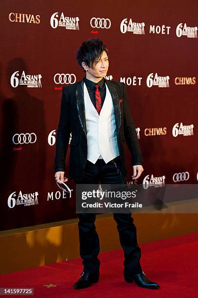 Japanese singer and actor Gackt poses at the red carpet during the 6th Asian Film Awards, celebrating excellence in cinema, at Hong Kong Convention...