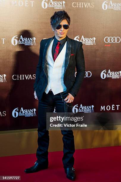 Japanese singer and actor Gackt poses at the red carpet during the 6th Asian Film Awards, celebrating excellence in cinema, at Hong Kong Convention...