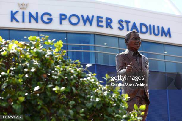 General view of the statue of former Leicester City owner Vichai Srivaddhanaprabha outside the stadium prior during the Premier League match between...