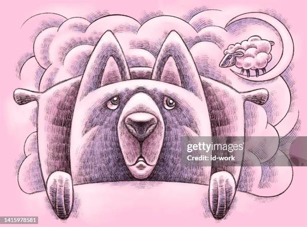 sleepless wolf looking at lamb on moon - lying awake stock illustrations