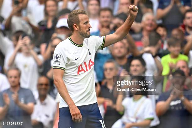 Harry Kane of Tottenham Hotspur celebrates their sides first goal during the Premier League match between Tottenham Hotspur and Wolverhampton...