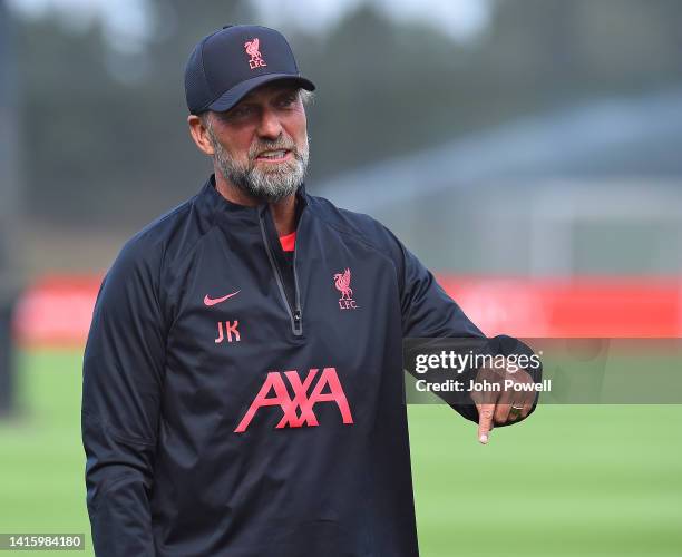 Jurgen Klopp manager of Liverpool during a training session at AXA Training Centre on August 20, 2022 in Kirkby, England.