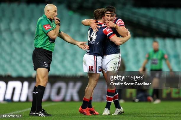 Connor Watson of the Roosters celebrates a try during the round 23 NRL match between the Sydney Roosters and the Wests Tigers at Sydney Cricket...
