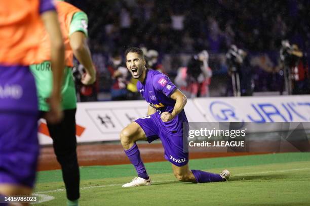 Of Sanfrecce Hiroshima celebrates scoring his sideʻs third goal during the J.LEAGUE Meiji Yasuda J1 26th Sec. Match between Sanfrecce Hiroshima and...