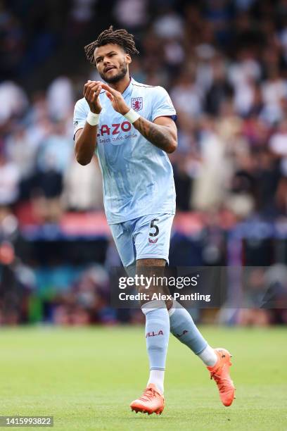 Tyrone Mings of Aston Villa interacts with the crowd during the Premier League match between Crystal Palace and Aston Villa at Selhurst Park on...