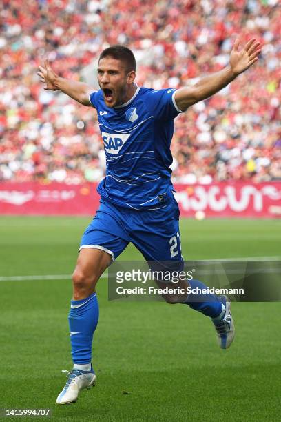 Andrej Kramaric of Hoffenheim celebrates after scoring their team's second goal during the Bundesliga match between Bayer 04 Leverkusen and TSG...