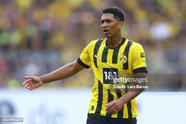 Jude Bellingham of Borussia Dortmund reacts during the Bundesliga match between Borussia Dortmund and SV Werder Bremen at Signal Iduna Park on August...