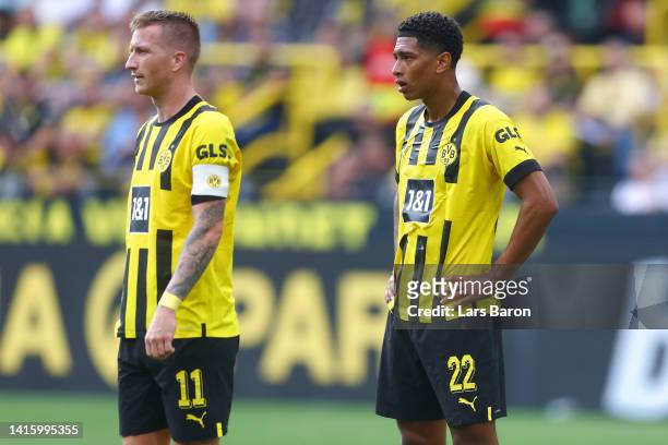 Marco Reus and Jude Bellingham of Borussia Dortmund react during the Bundesliga match between Borussia Dortmund and SV Werder Bremen at Signal Iduna...