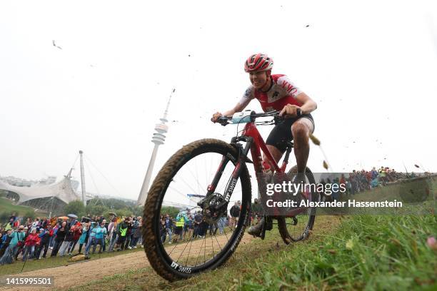 Alessandra Keller of Switzerland competes during the Cycling Mountain Bike - Women's Cross-Country on day 10 of the European Championships Munich...