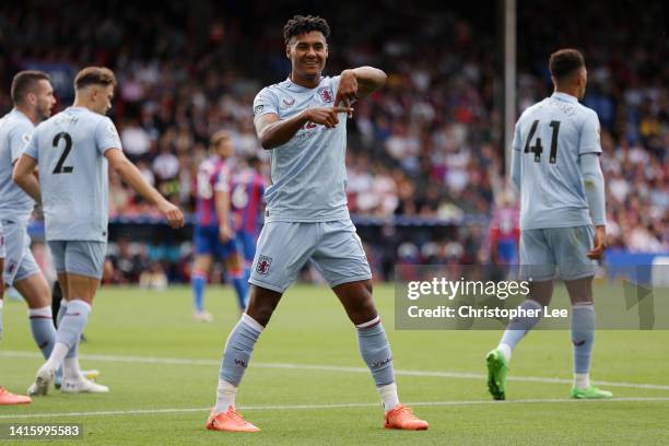 Ollie Watkins of Aston Villa celebrates their sides first goal during the Premier League match between Crystal Palace and Aston Villa at Selhurst...