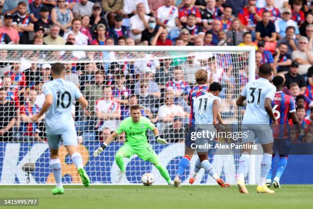 Ollie Watkins of Aston Villa scores their sides first goal during the Premier League match between Crystal Palace and Aston Villa at Selhurst Park on...