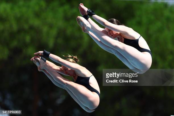 Andrea Spendolini Sirieix and Lois Toulson of Great Britain compete in the Women's Synchronised Platform Final on Day 10 of the European Aquatics...