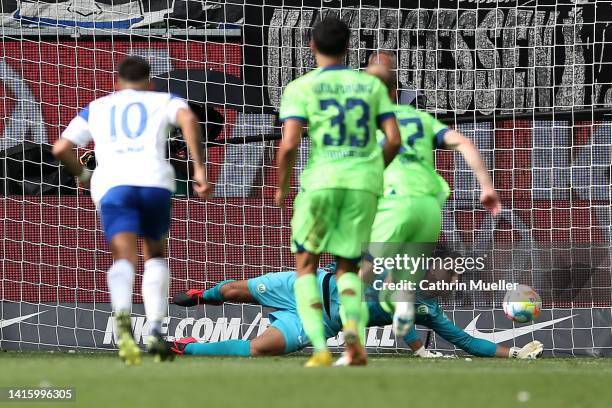 Koen Casteels of VfL Wolfsburg saves a penalty from Simon Terodde of FC Schalke 04 during the Bundesliga match between VfL Wolfsburg and FC Schalke...