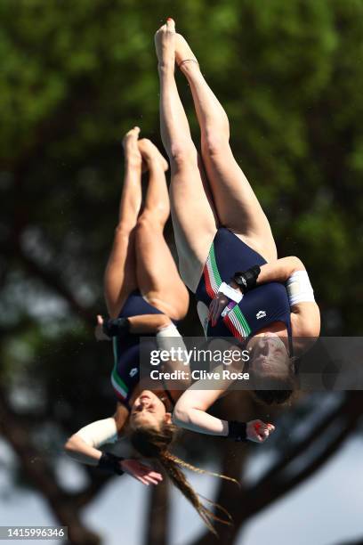 Elettra Neroni and Maia Biginelli of Italy compete in the Women's Synchronised Platform Final on Day 10 of the European Aquatics Championships Rome...