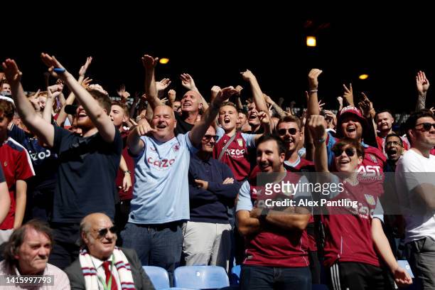 Fans of Aston Villa react in the crowd during the Premier League match between Crystal Palace and Aston Villa at Selhurst Park on August 20, 2022 in...