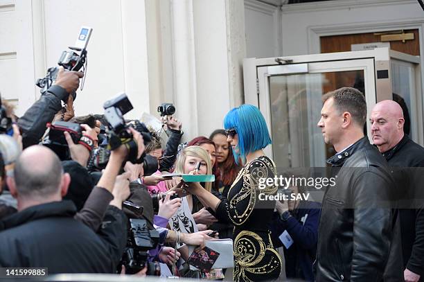 Katy Perry is seen at the BBC Maida Vale studios on March 19, 2012 in London, England.