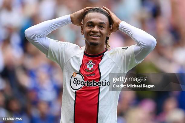 Sekou Mara of Southampton reacts after scoring a goal which is later disallowed for offside during the Premier League match between Leicester City...