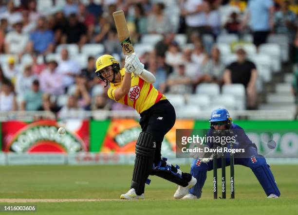 Nat Sciver of Trent Rockets drives the ball during the Hundred match between Trent Rockets Women and London Spirit Women at Trent Bridge on August...
