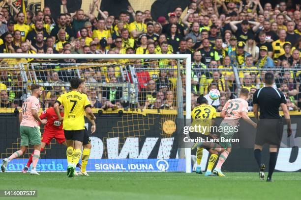 Niklas Schmidt of SV Werder Bremen scores their team's second goal during the Bundesliga match between Borussia Dortmund and SV Werder Bremen at...