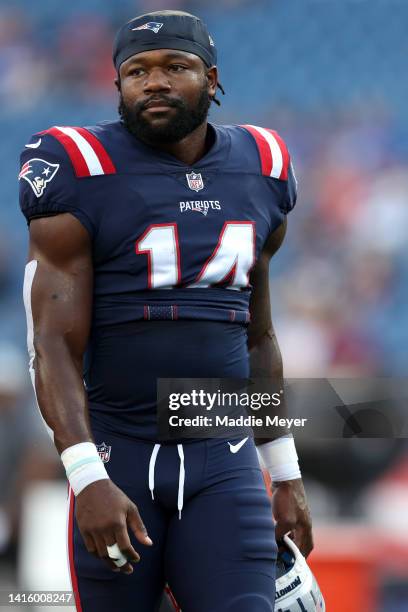 Ty Montgomery of the New England Patriots looks on before the preseason game between the New England Patriots and the Carolina Panthers at Gillette...