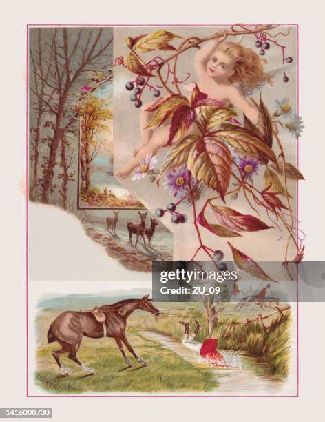 autumn impressions, chromolithograph, published in 1887 - deer creek stock illustrations