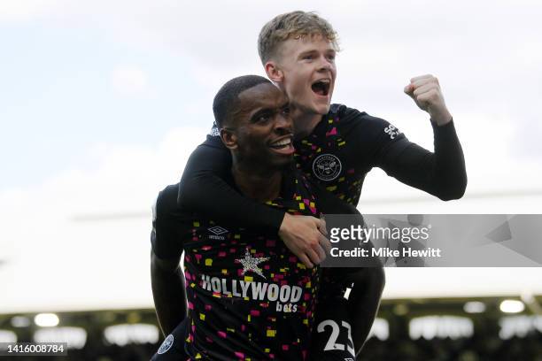 Ivan Toney of Brentford celebrates after scoring their side's second goal with Keane Lewis-Potter during the Premier League match between Fulham FC...