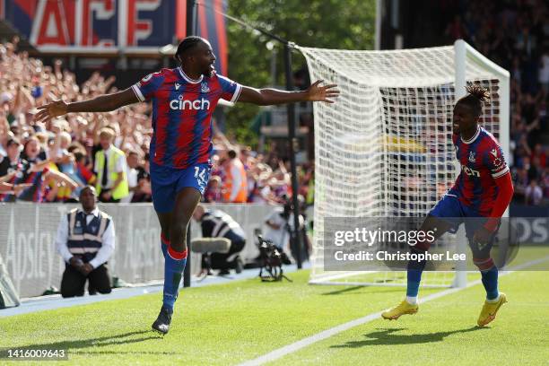 Jean-Philippe Mateta of Crystal Palace celebrates their sides third goal during the Premier League match between Crystal Palace and Aston Villa at...