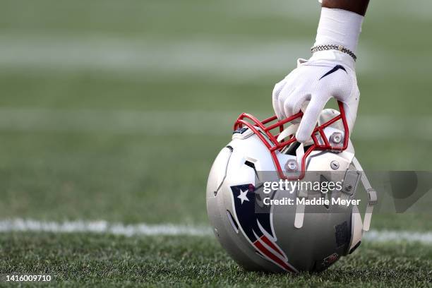 Detail of a New England Patriots helmet during the preseason game between the New England Patriots and the Carolina Panthers at Gillette Stadium on...