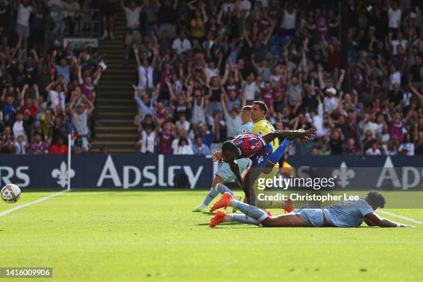 Jean-Philippe Mateta of Crystal Palace scores their sides third goal during the Premier League match between Crystal Palace and Aston Villa at...