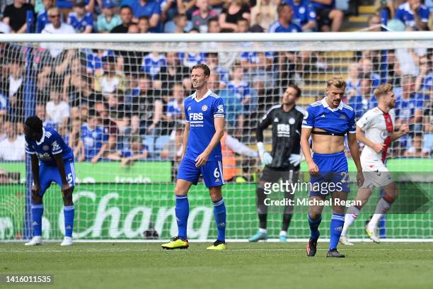 Jonny Evans and Kiernan Dewsbury-Hall of Leicester City looks dejected after Che Adams of Southampton scores their team's second goal during the...