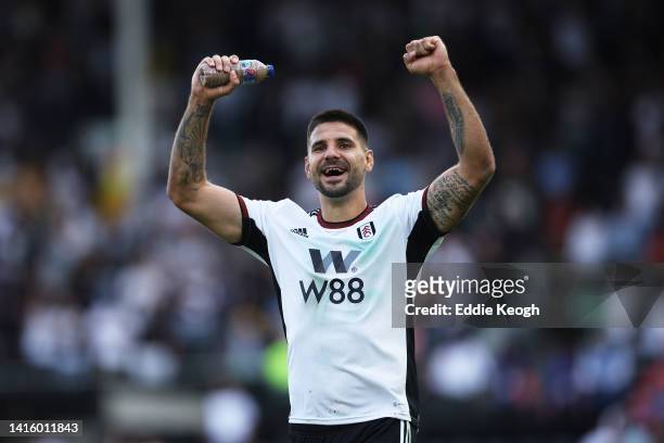 Aleksandar Mitrovic of Fulham celebrates their side's victory of the Premier League match between Fulham FC and Brentford FC at Craven Cottage on...