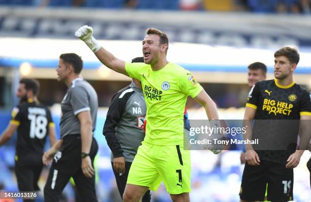 Jamie Jones of Wigan Athletic celebrates their win at the final whistle during the Sky Bet Championship match between Birmingham City and Wigan...