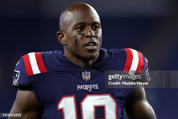 Matthew Slater of the New England Patriots looks on after the preseason game between the New England Patriots and the Carolina Panthers at Gillette...