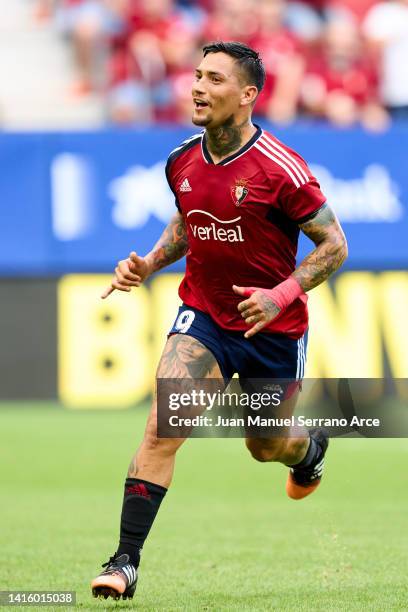 Chimy Avila of CA Osasuna celebrates after scoring goal during the LaLiga Santander match between CA Osasuna and Cadiz CF at El Sadar Stadium on...