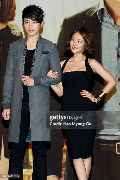 South Korean actors Lee Jun-Hyuk and Lim Jung-Eun attends a press conference to promote KBS drama "Man From The Equator" at The Lotte Hotel on March...