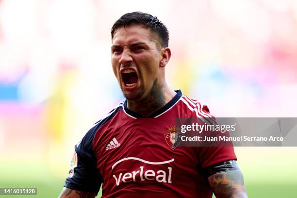 Chimy Avila of CA Osasuna celebrates after scoring goal during the LaLiga Santander match between CA Osasuna and Cadiz CF at El Sadar Stadium on...